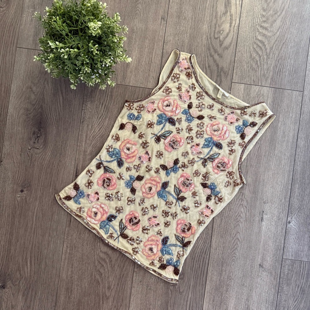 Escada Floral Beaded Spring Nude Mesh Stretch Blouse